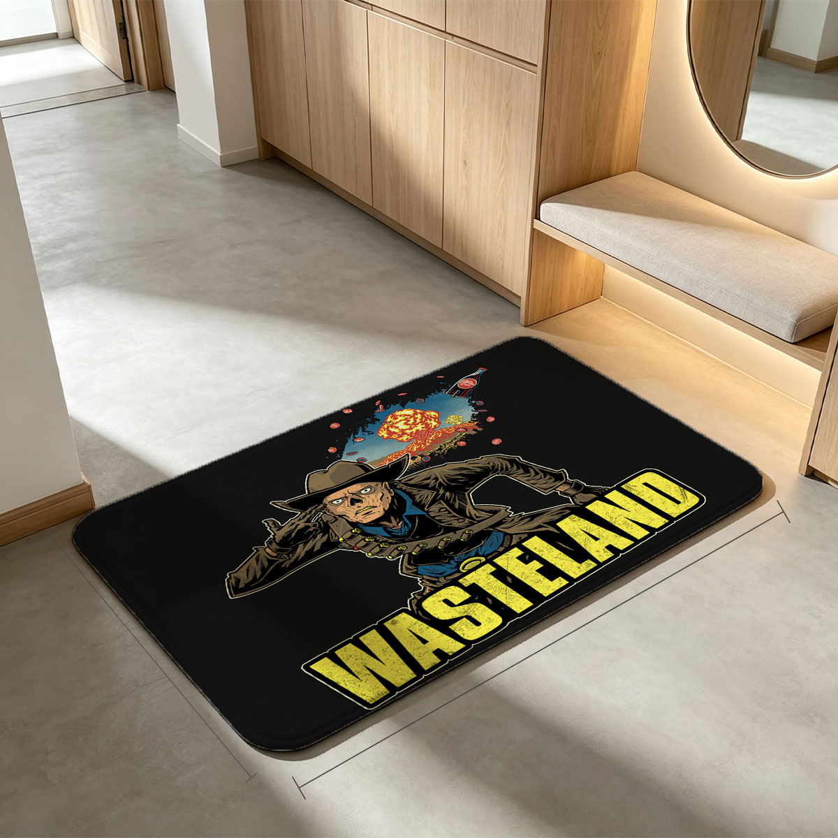 Wasteland: Cowboy in Post-Apocalyptic Desert with Explosion and Bottle - Flannel floor mat
