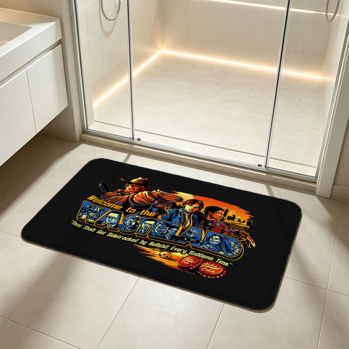 Welcome to the Wasteland: Vault Dweller, Sheriff, and Companions in Post-Apocalyptic Adventure with Nuka-Cola - Flannel floor mat
