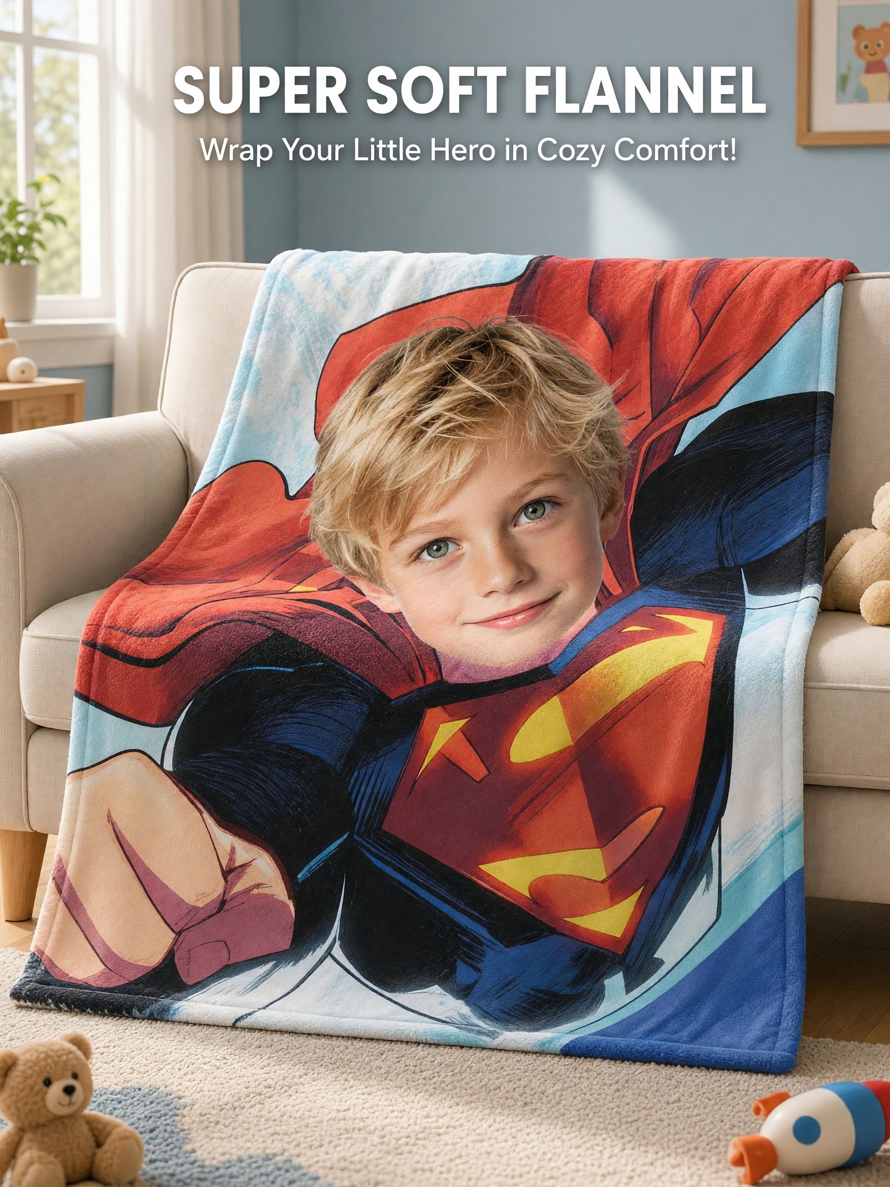 Custom Face Photo Blanket Personalized Superhero Flannel Throw Ultra Soft Fleece for Kids and Adults Ideal Cozy Gift