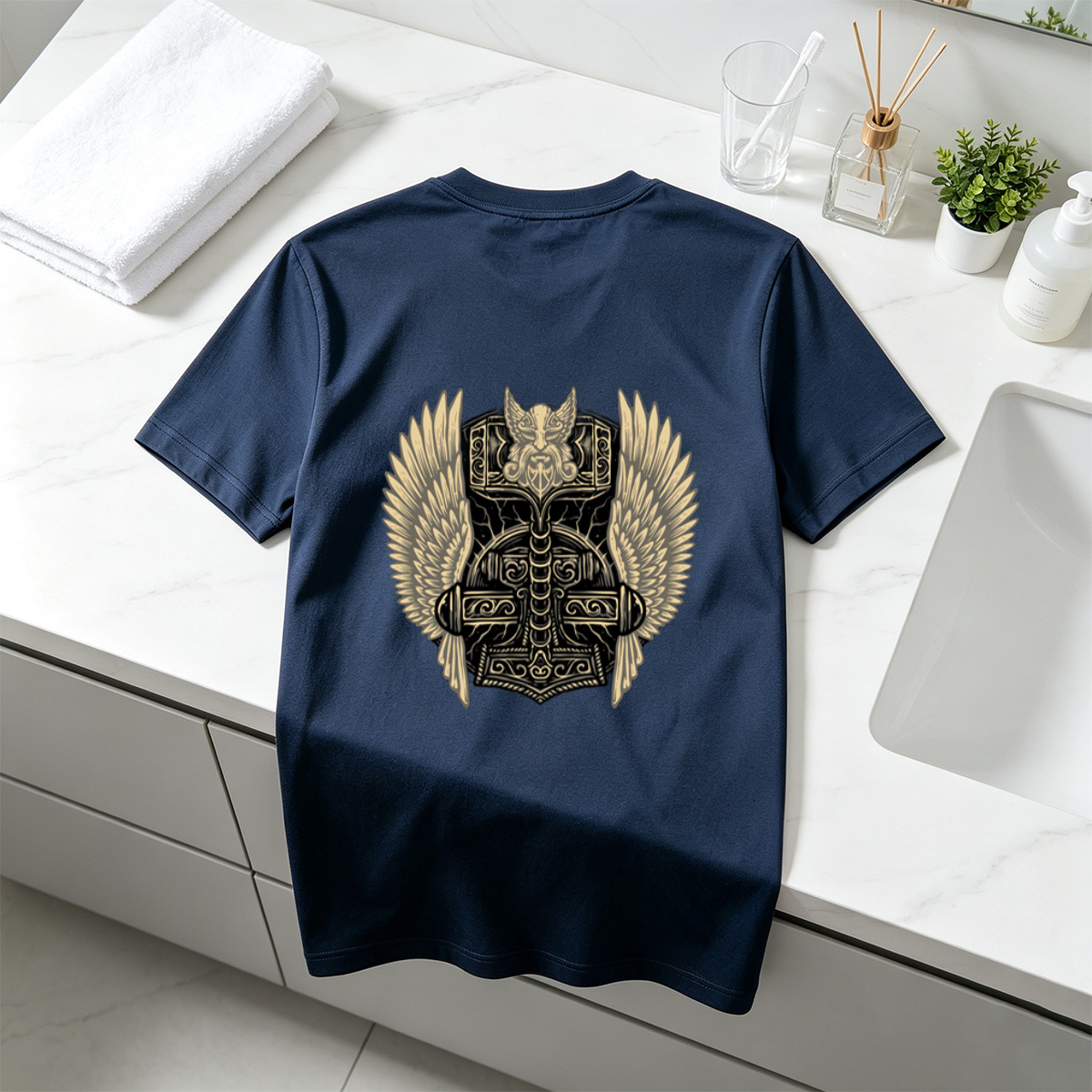 Thor's Hammer with Winged Viking Warrior Design - Tee