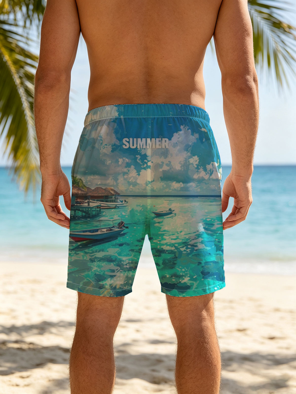 Crystal Clear Waters and Boats Under a Summer Sky -  Beach shorts