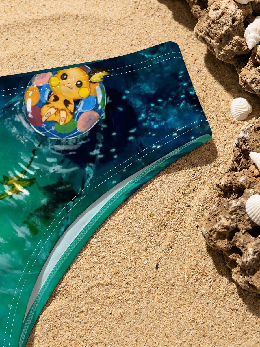 Pikachu floating on a colorful ring in a serene, turquoise pool with fish swimming below. -  Men's swim trunks