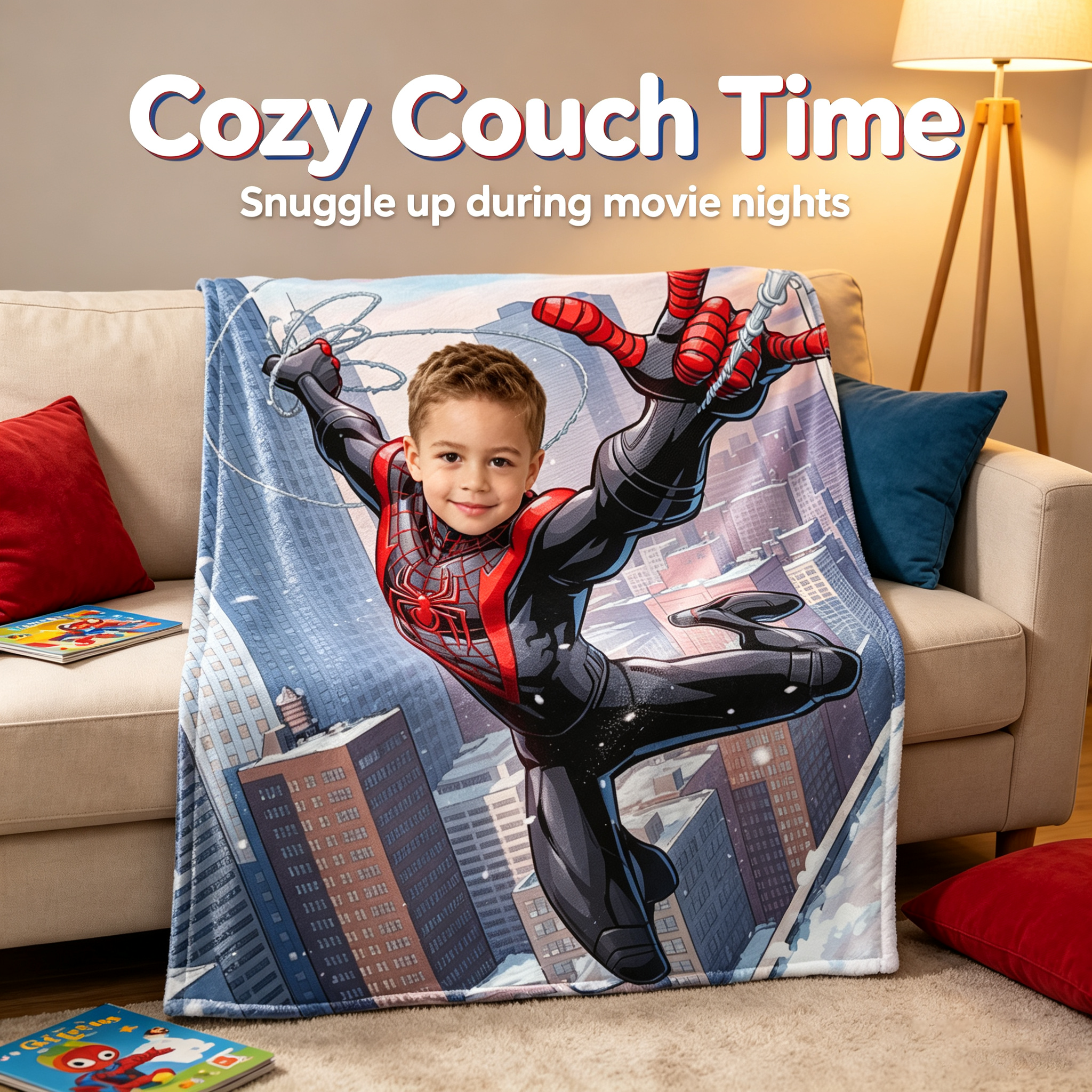 Custom Spider‑Man Miles Morales Photo Blanket, Personalized Kids Blanket Upload Photoa，Thick Flannel Throw Blanket, Superhero Custom Portrait Blanket, Birthday Gift for Boys