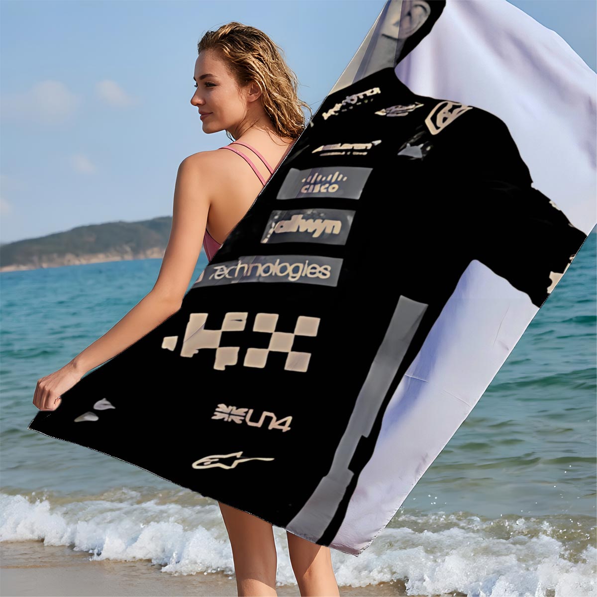 F1 Driver Celebrates Victory in Racing Suit - Beach towels