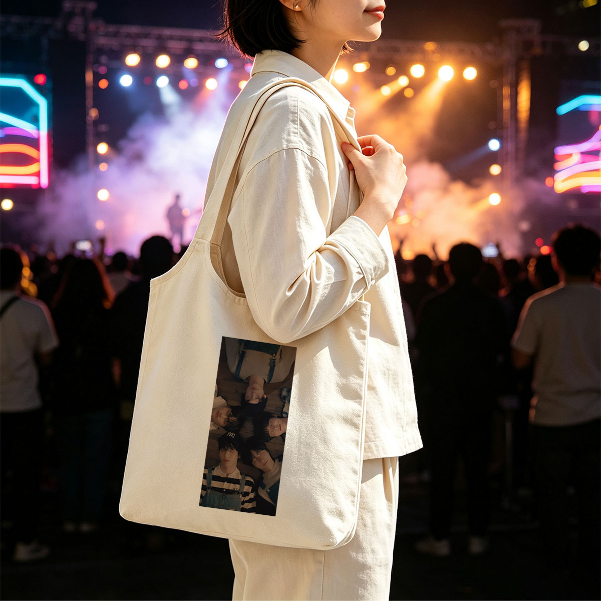 TXT Members Lying in a Circle on Wooden Floor Wearing Overalls and Casual Outfits - Canvas shoulder bags/
