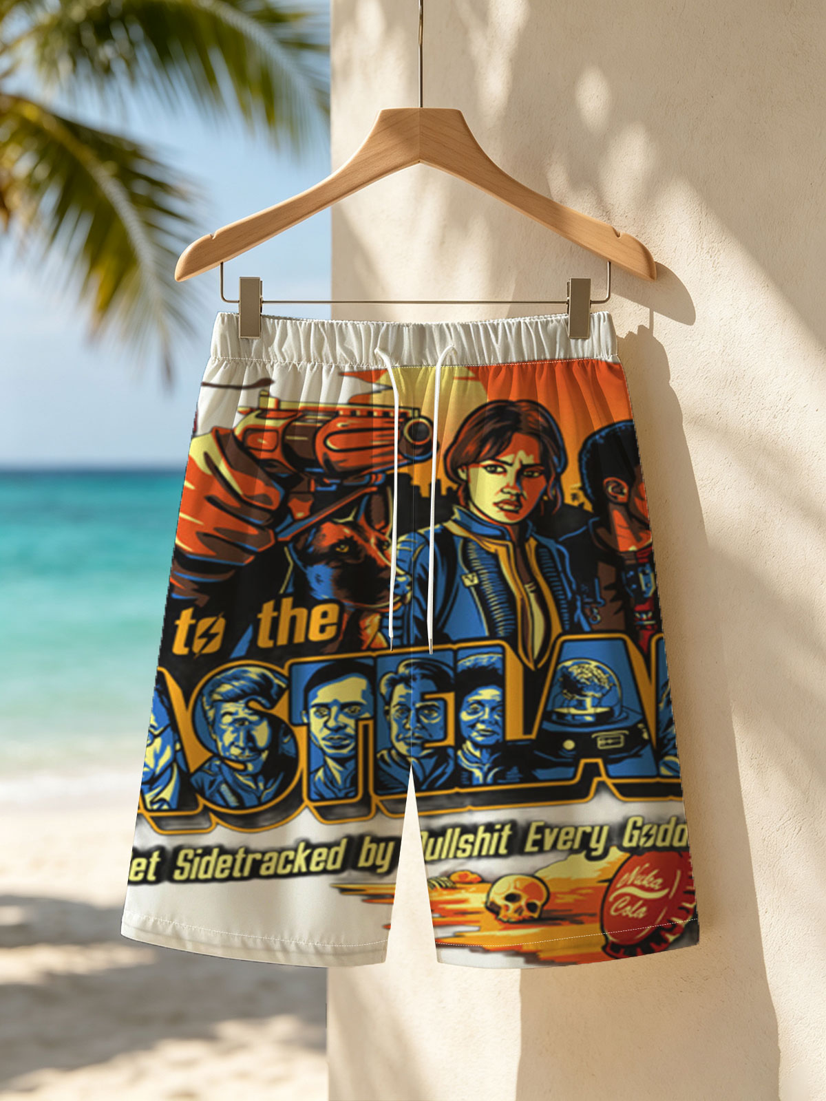 Welcome to the Wasteland: Post-Apocalyptic Survivors, Nuka-Cola, and Iconic Characters in a Dystopian World -  Beach shorts