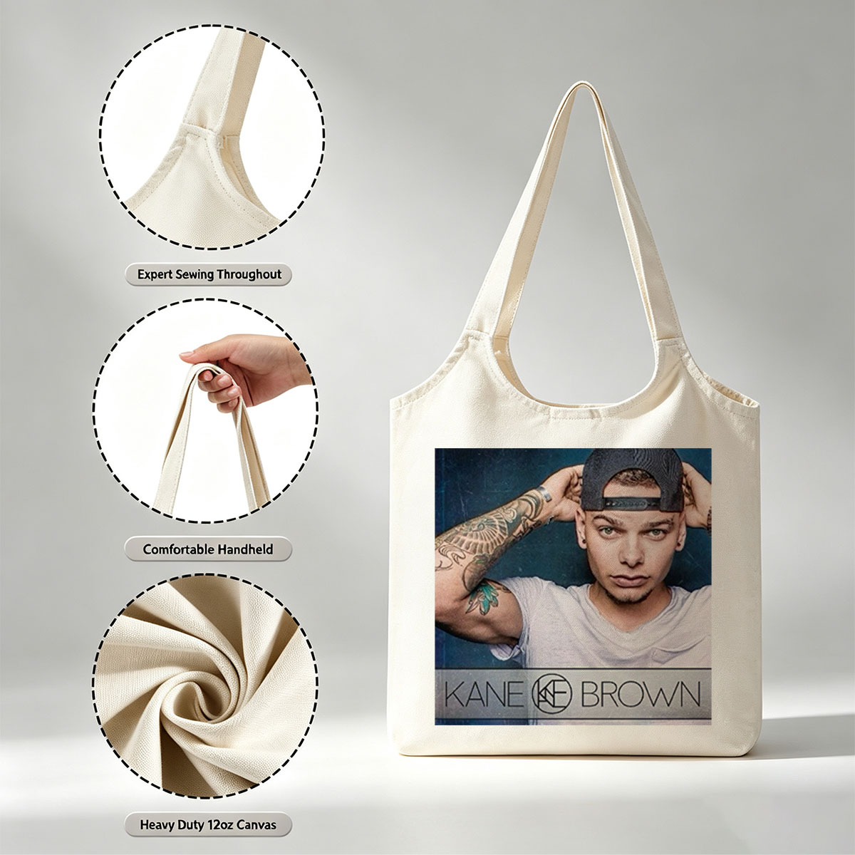 Kane Brown in a Casual Pose with Tattooed Arm and Cap on Dark Background - Canvas shoulder bags/