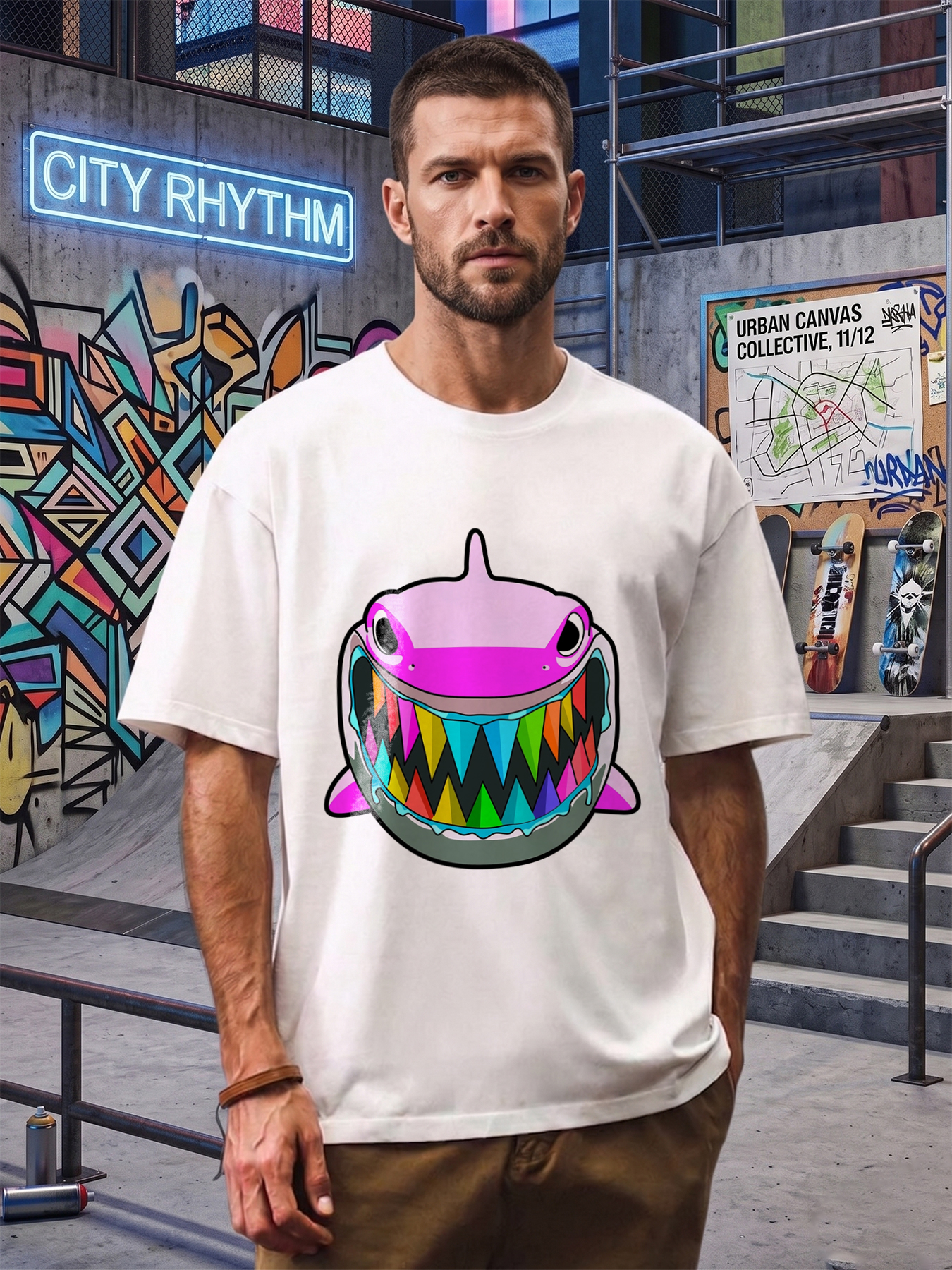 Men's Printed T-Shirt Rainbow Shark Graphic Design Casual Round Neck Summer Lightweight Breathable Short Sleeve T-Shirt for Beach Outdoor Activities Trendy Fashion for Young Adults