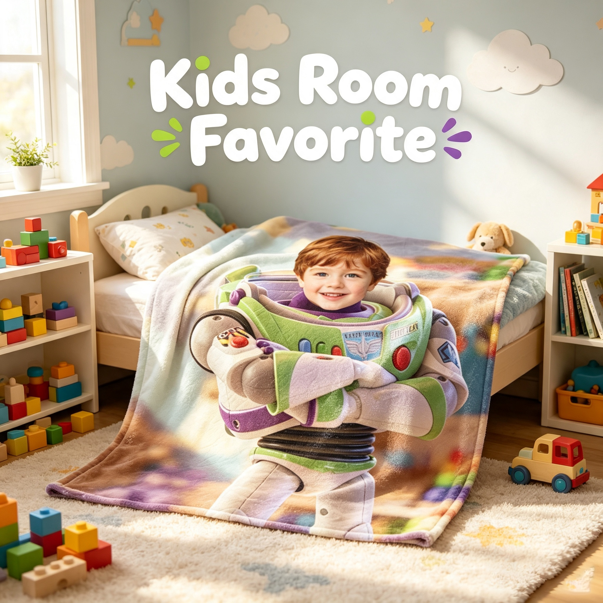 Personalized Buzz Lightyear Custom Photo Blanket, Upload Kid Portrait Toy Story Fleece Throw Blanket, 280GSM Soft Warm Flannel Blanket, Unique Birthday Gift for Boys Kids Bedroom Sofa Travel