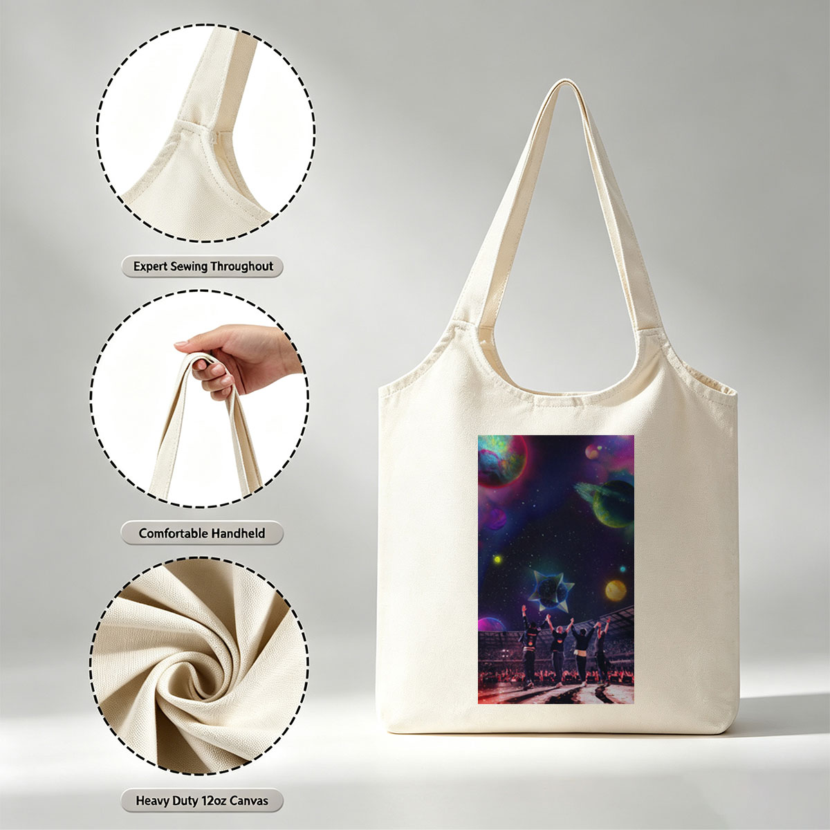 Coldplay Live Performance in a Cosmic Stadium with Vibrant Planets and Starry Sky Background - Canvas shoulder bags/