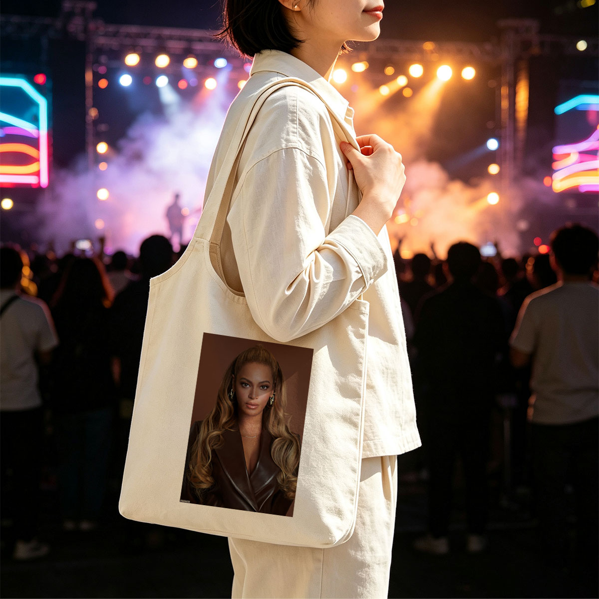 Beyonce in a Bold Brown Leather Look with Elegant Waves and Gold Jewelry - Canvas shoulder bags/