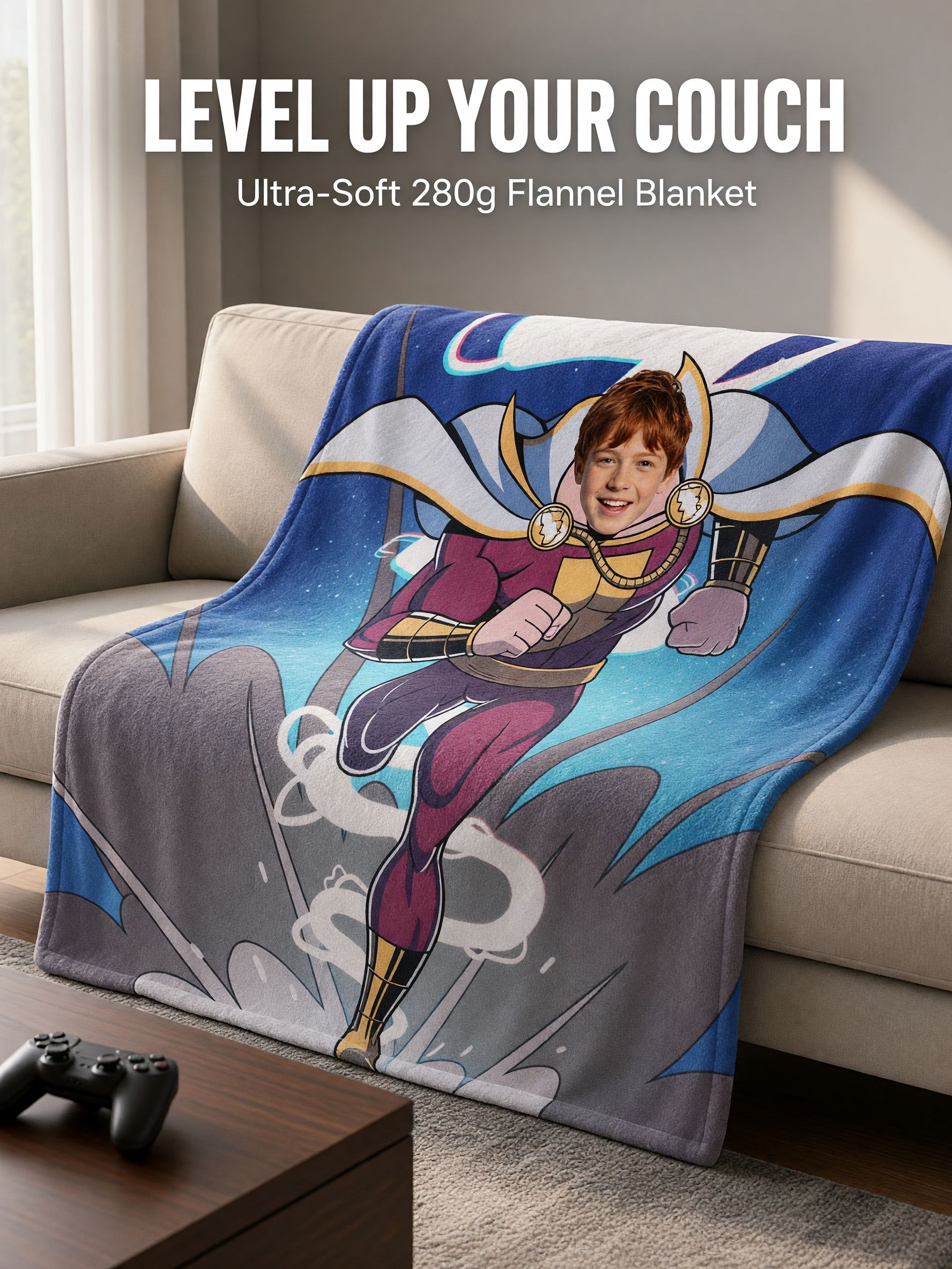 Custom Photo Superhero Flannel Fleece Throw Blanket Personalized Face Portrait Cozy Bed Couch Plush Wrap Ideal Gift