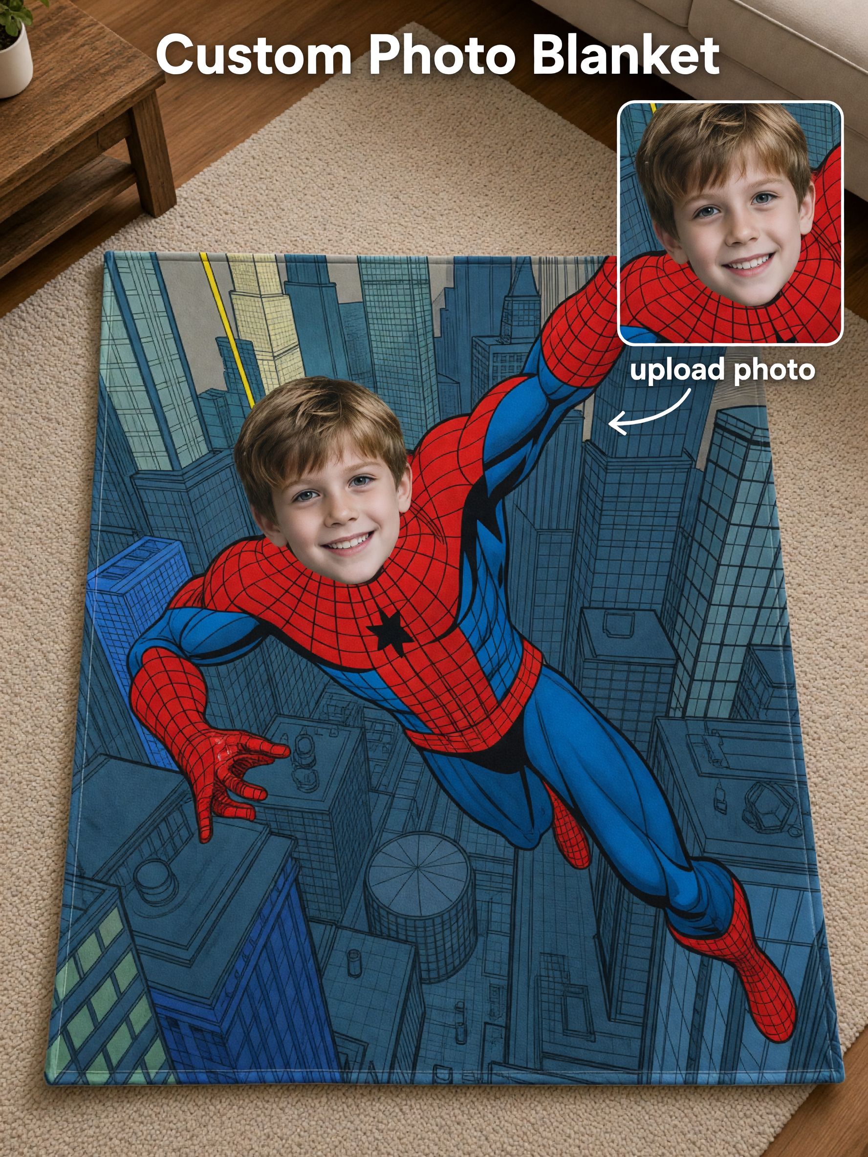 Custom Face Superhero Flannel Blanket Ultra Soft Fleece Throw with Comic Cityscape, Ideal Personalized Gift for Kids