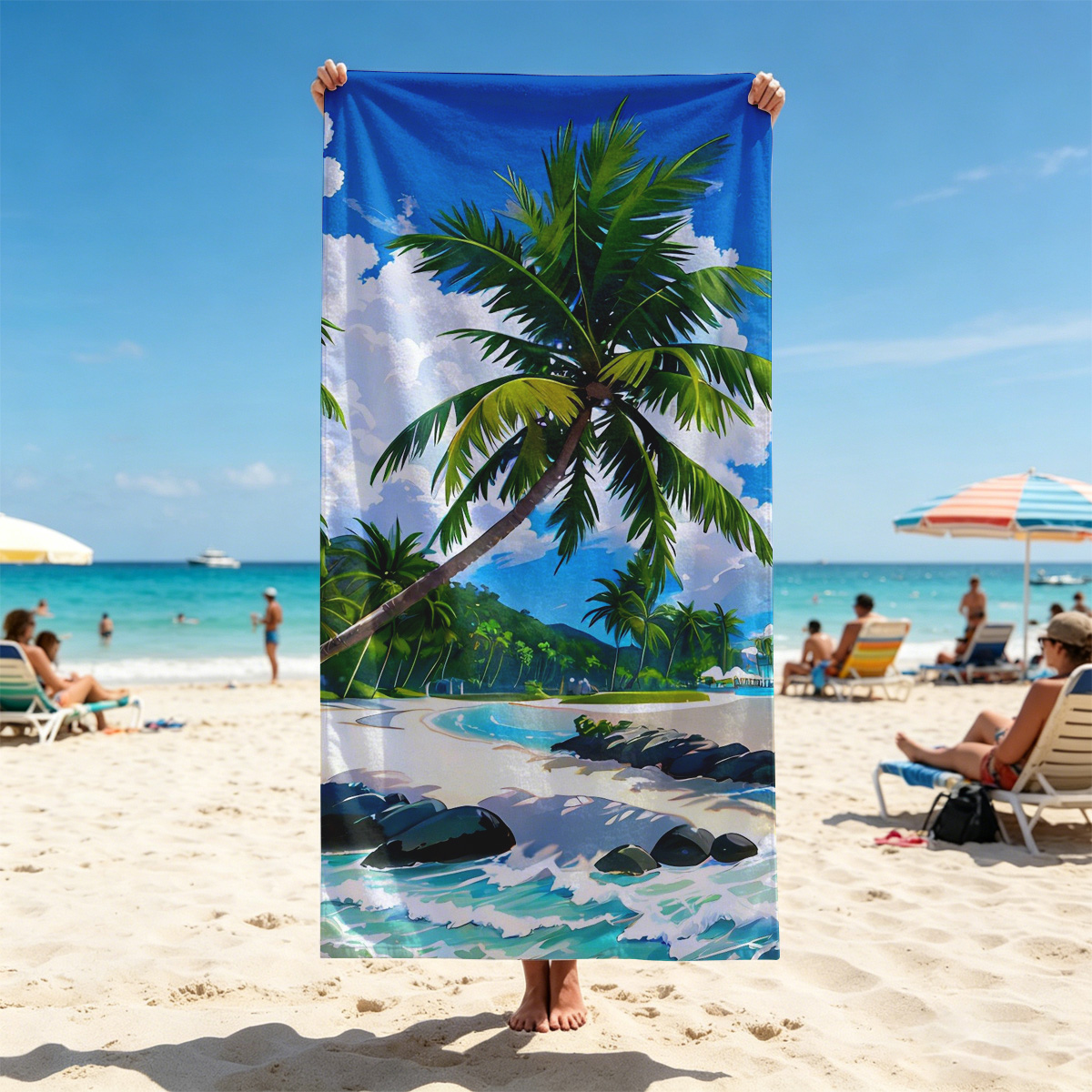 Tropical Beach with Palm Trees and Clear Blue Water - Beach towels