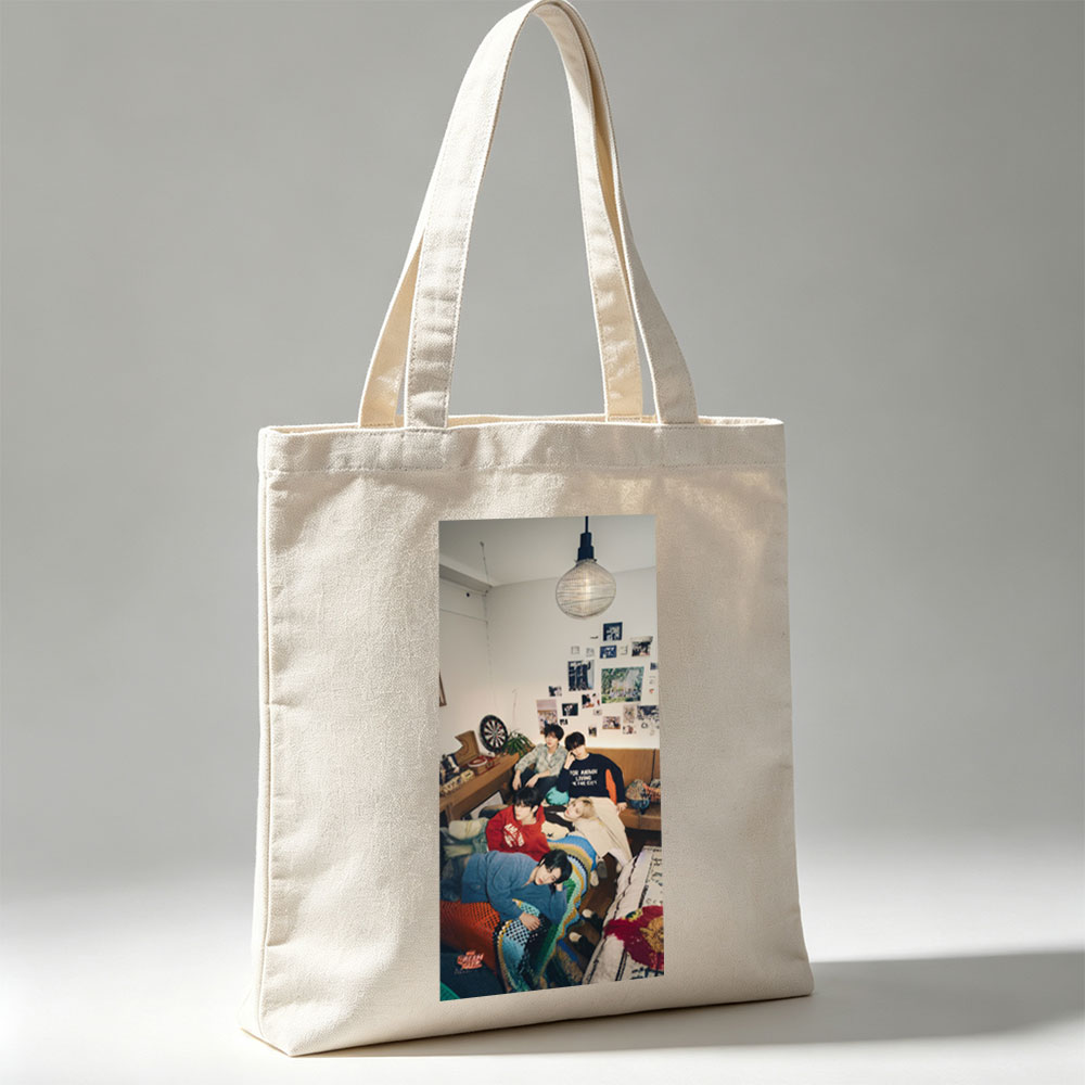 Stray Kids Relaxing in Cozy Living Room with Colorful Canvas tote bags and Wall Art - Canvas tote bags