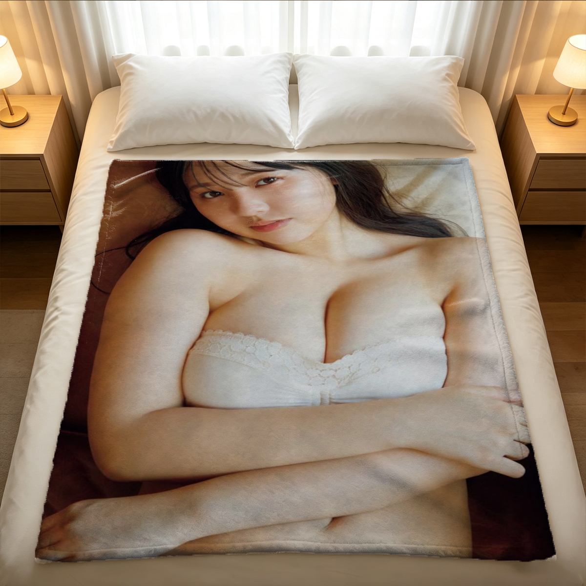 Nude blonde leaning over green armchair in luxurious room - Blanket