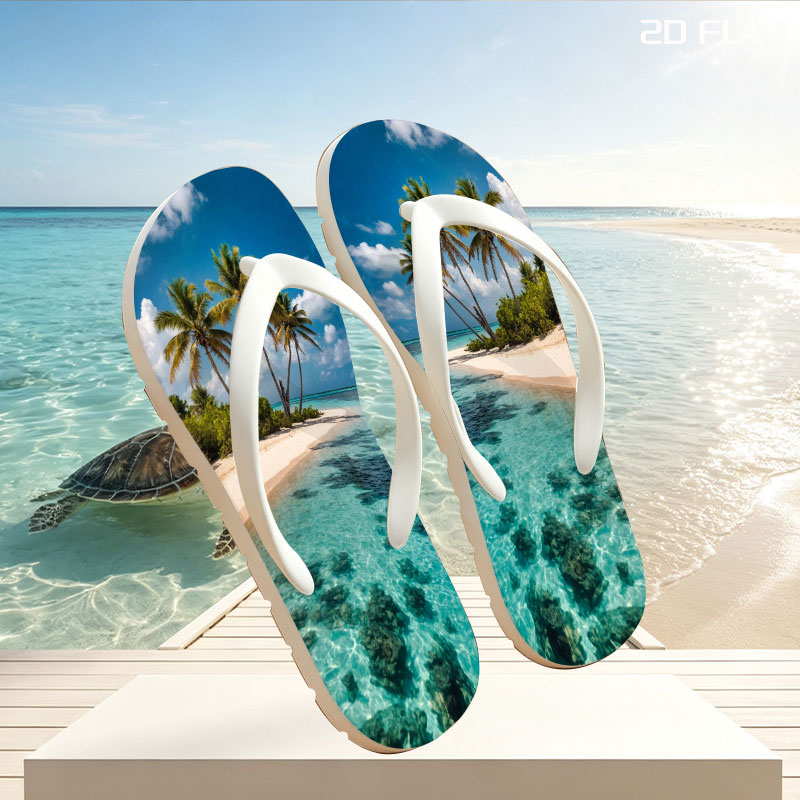 Tropical Beach with Palm Trees and Crystal Clear Water -  flip-flops