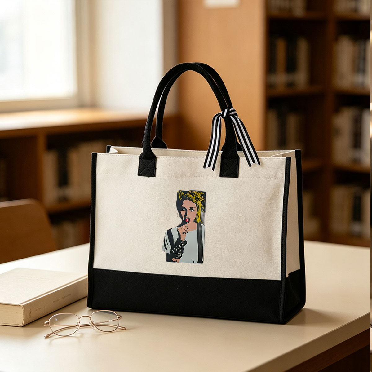 Pop Art Portrait of a Woman with Red Lollipop - Canvas patchwork gift tote bag