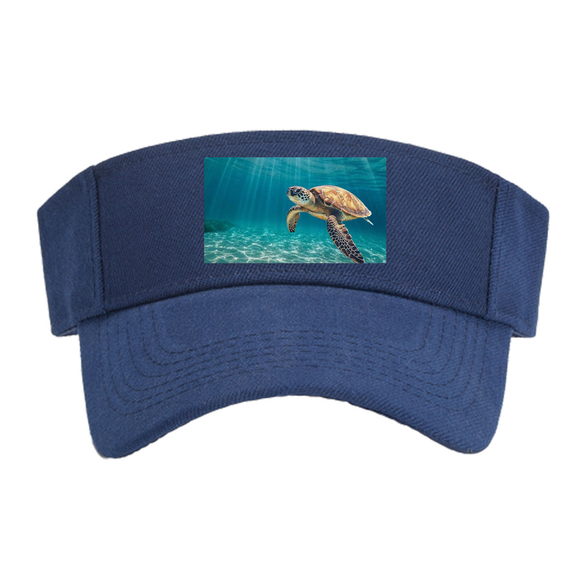 Sea turtle glides through sunlit waters, rays shimmering above. -  Visor cap