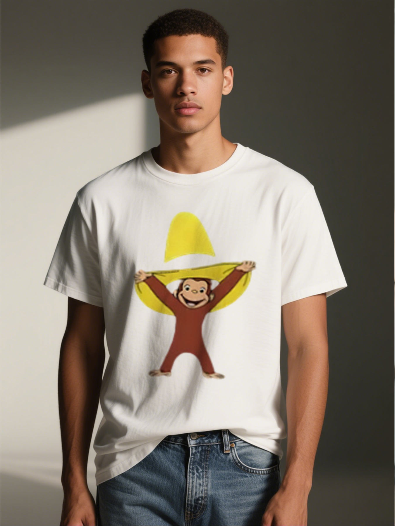Men's Printed T-Shirt Featuring Monkey Wearing Yellow Hat Graphic + Casual Round Neck Summer Lightweight Breathable Short Sleeve Tee for Outdoor Activities, Travel, and Everyday Wear - Ideal for Young Adults and Trendy Men