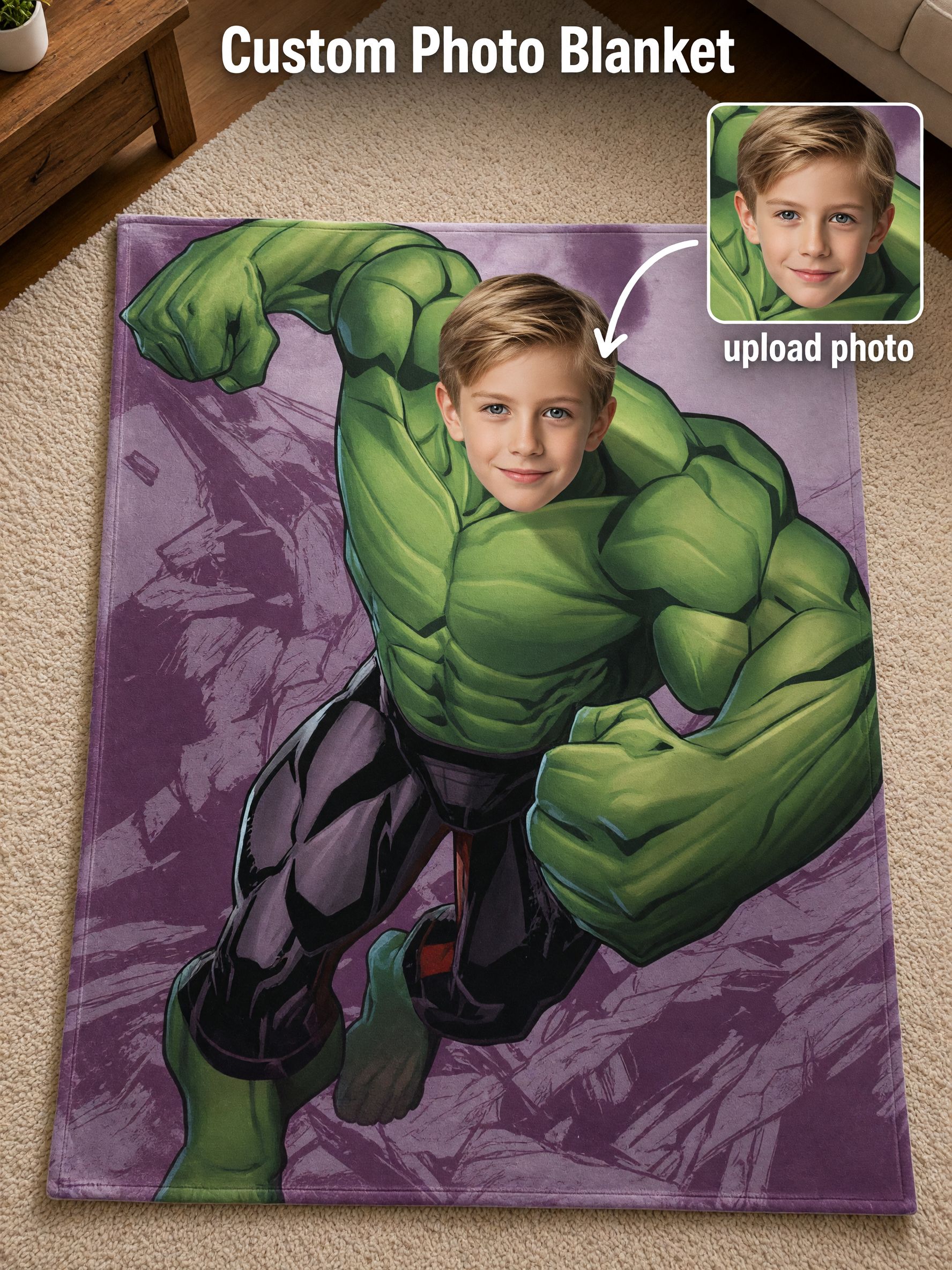 Personalized Superhero Face Photo Blanket, Custom Soft Anti-Pilling Flannel Throw, Unique Cozy Keepsake Gift