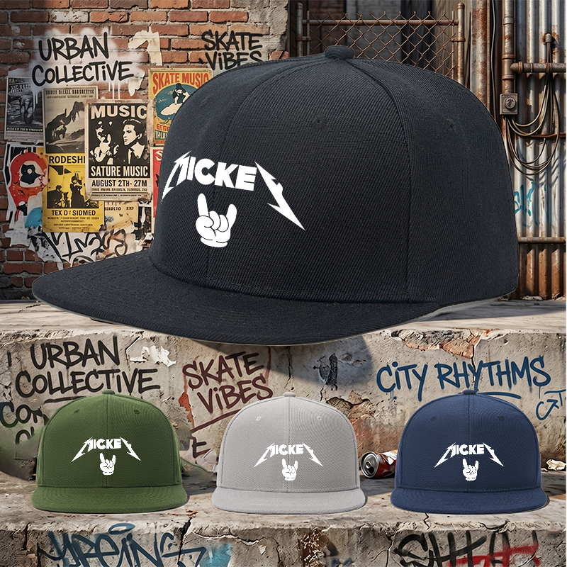 Flat Brim Baseball Cap Mickey Rock Logo Streetwear Underground Skate Style for Basketball Court Skate Park Urban Scene Skaters Rappers Streetwear Enthusiasts