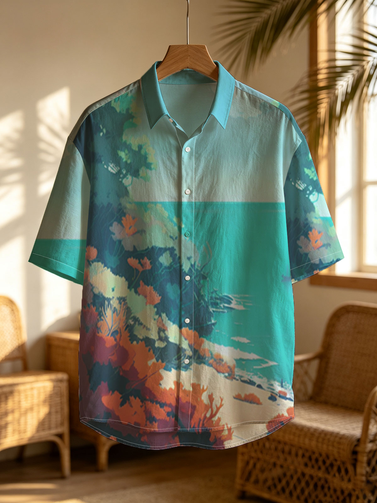 Colorful coastal landscape with vibrant flora and a distant ship on turquoise waters. -  Shirt