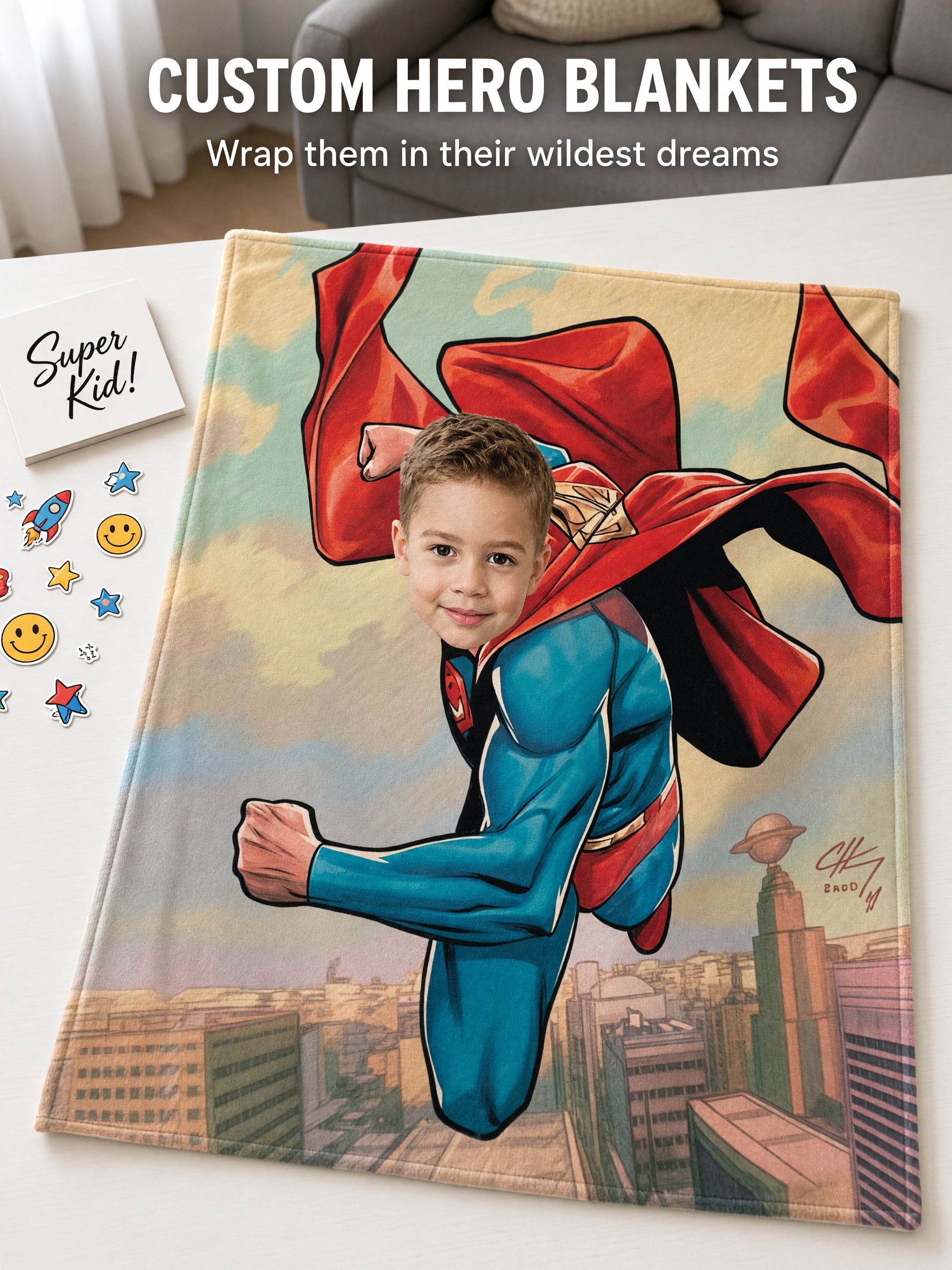 Custom Superhero Face Blanket, Personalized Photo Upload Flannel Fleece Throw, Ultra Soft Cozy Keepsake Gift for Kids