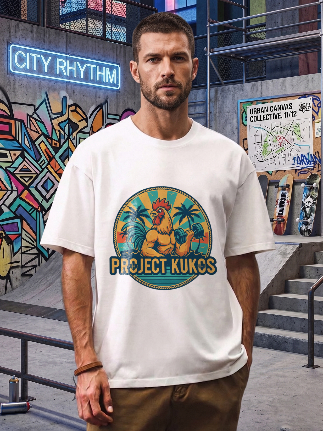 Men's Printed T-Shirt Project Kukos Muscular Rooster Lifting Dumbbells Tropical Palm Tree Design Casual Round Neck Summer Lightweight Breathable Short Sleeve T-Shirt for Gym Fitness Outdoor Activities Adults