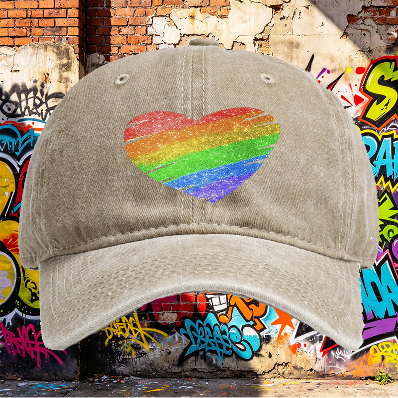 Unisex Classic Washed Cap with Rainbow Heart Glitter Print - Perfect for Pride Events, Casual Outings, and Everyday Wear - Ideal for Adults Seeking Vibrant, Comfortable Headwear with LGBTQ+ Inspired Design
