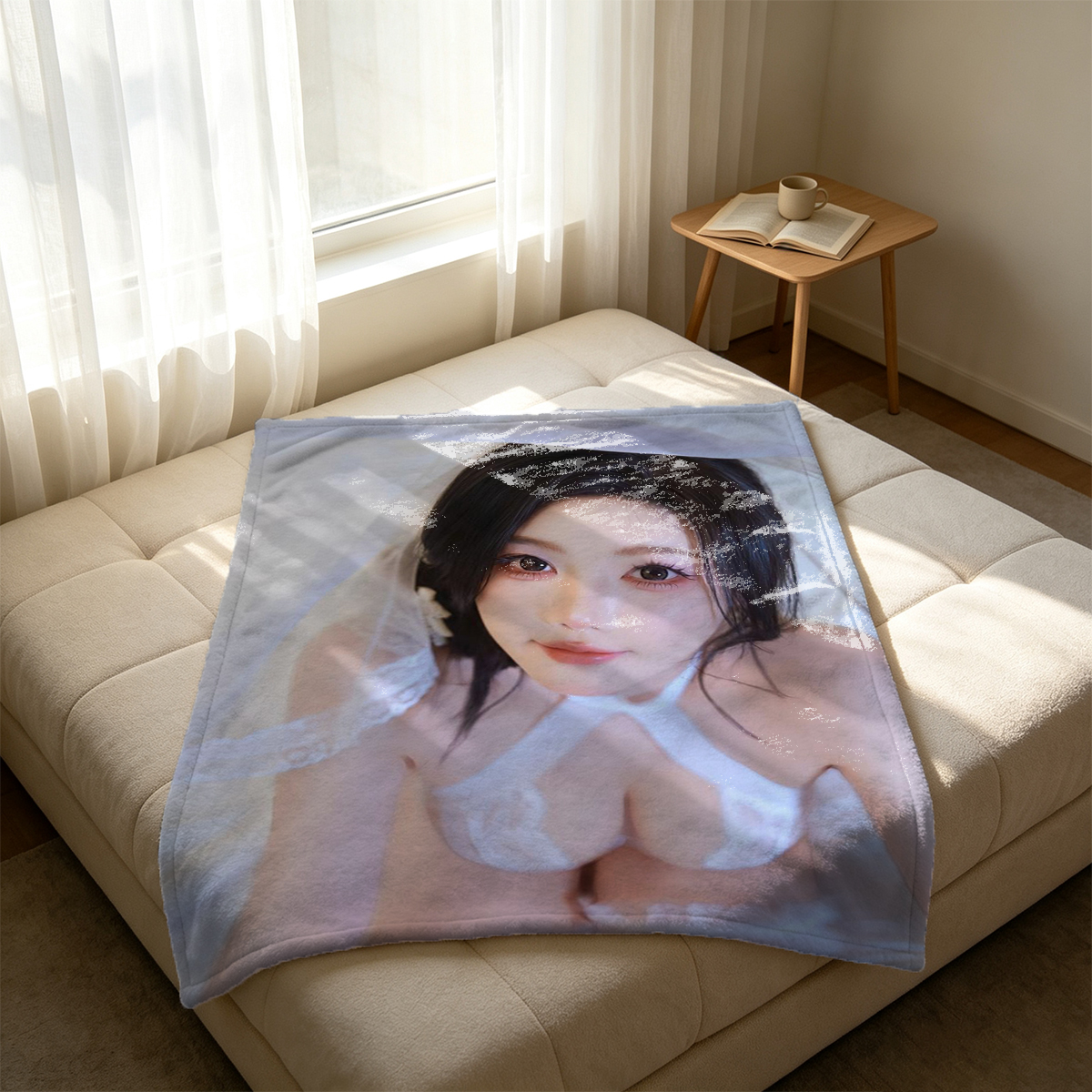 Aiko in white lace lingerie biting bra strap on bed - Blanket