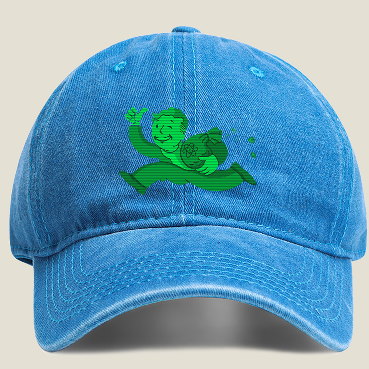Vault Boy from Fallout Running with a Bag of Atoms - Washed Denim - Baseball Cap