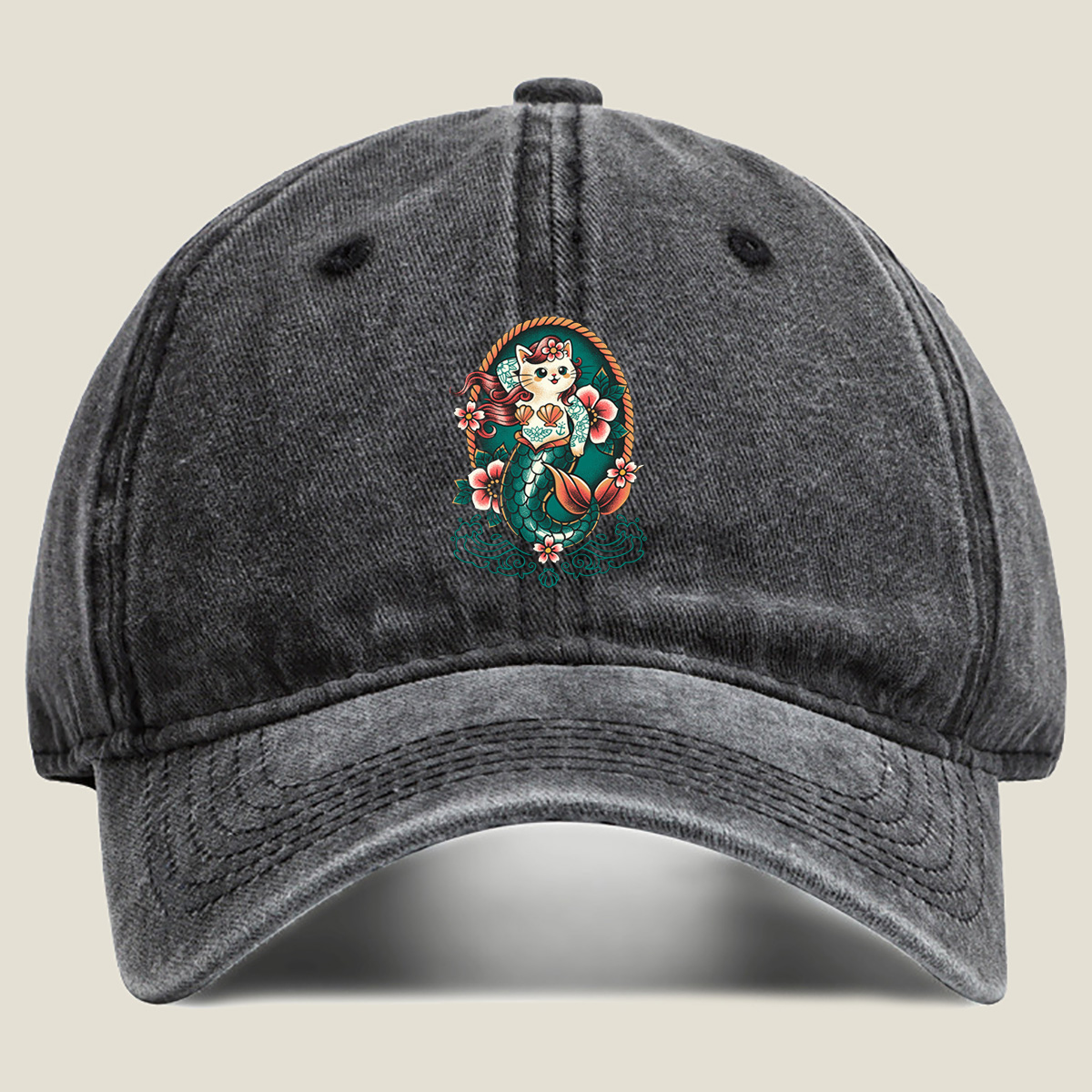 Mermaid Cat with Floral Tattoo Design - Washed Denim - Baseball Cap