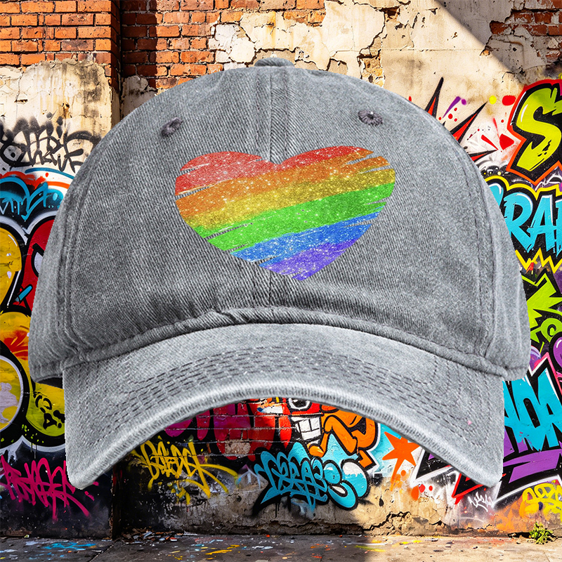 Unisex Classic Washed Cap with Rainbow Heart Glitter Print - Perfect for Pride Events, Casual Outings, and Everyday Wear - Ideal for Adults Seeking Vibrant, Comfortable Headwear with LGBTQ+ Inspired Design