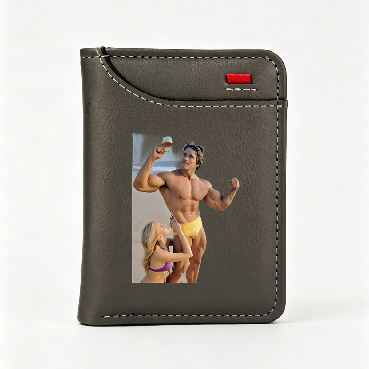 Muscular Man in Yellow Swimwear Holding Wine Glass, Woman in Purple Bikini Admiring Him on Beach - Vertical Style Wallet
