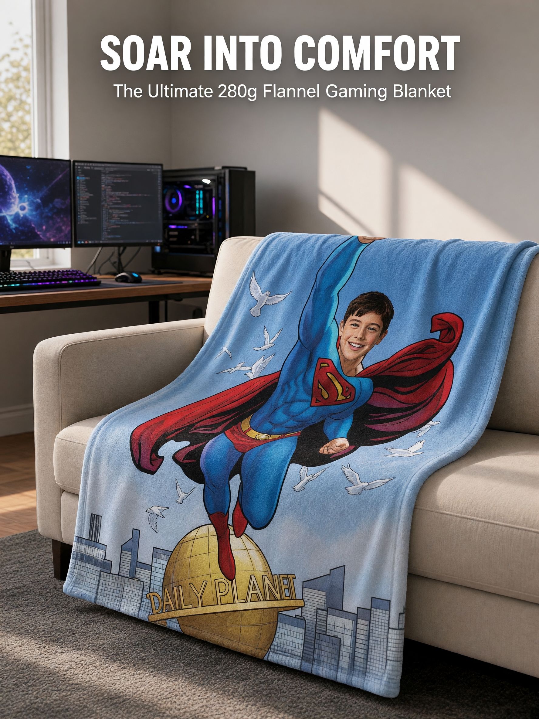 Custom Photo Superhero Flannel Fleece Blanket Personalized Face Flying Hero Comic Art Soft Throw for Bed Couch and