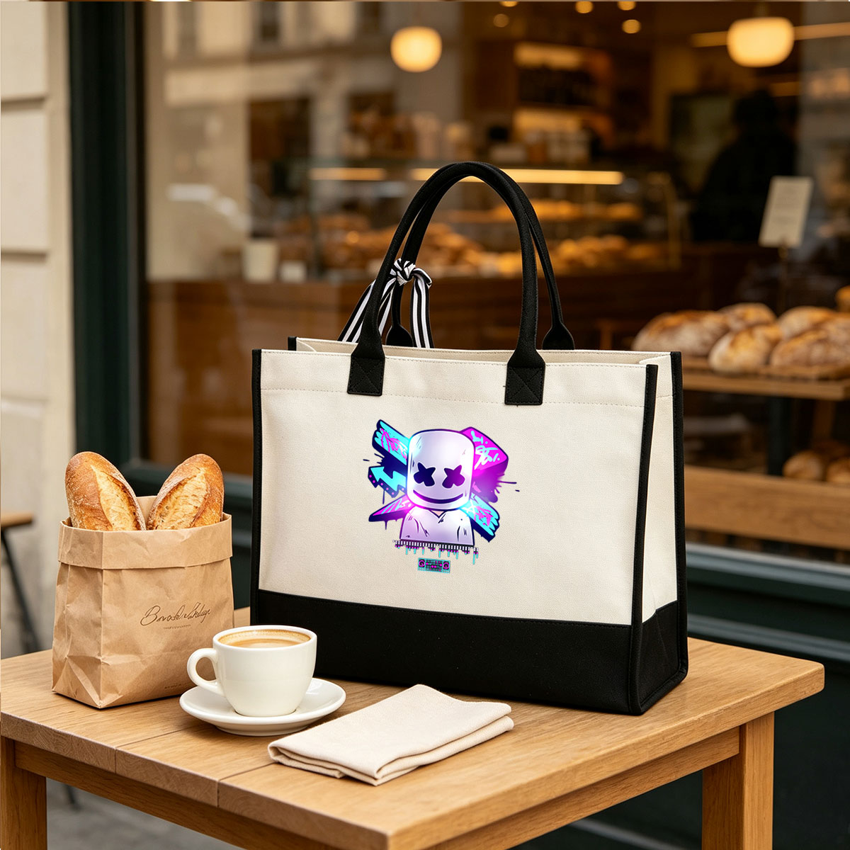 Marshmello DJ Character with Neon Wings and Music Equipment - Canvas patchwork gift tote bag
