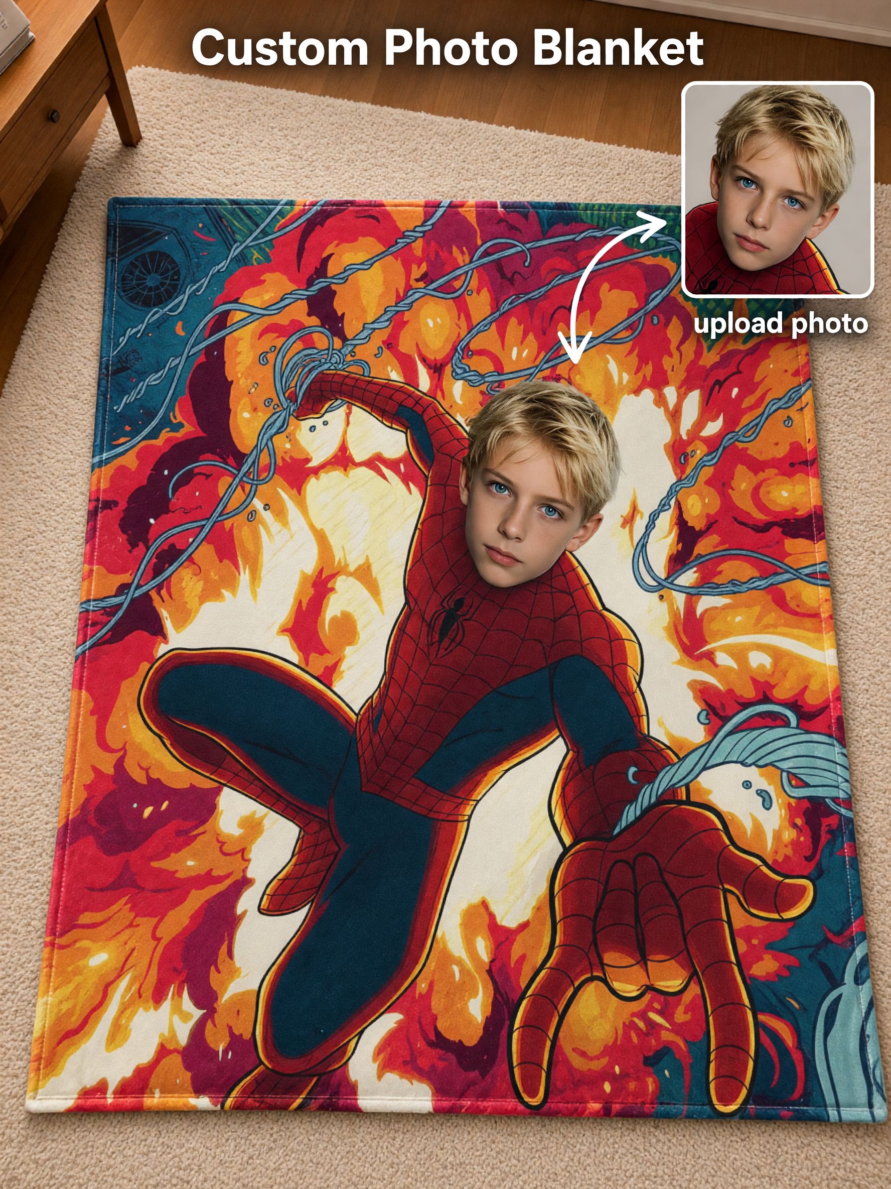 Personalized Superhero Face Photo Blanket Custom Velvet Flannel Throw for Kids Adults Comic Action Hero Gift
