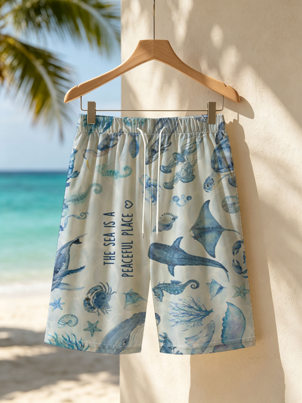 Underwater Serenity: Marine Life in Blue Hues -  Beach shorts