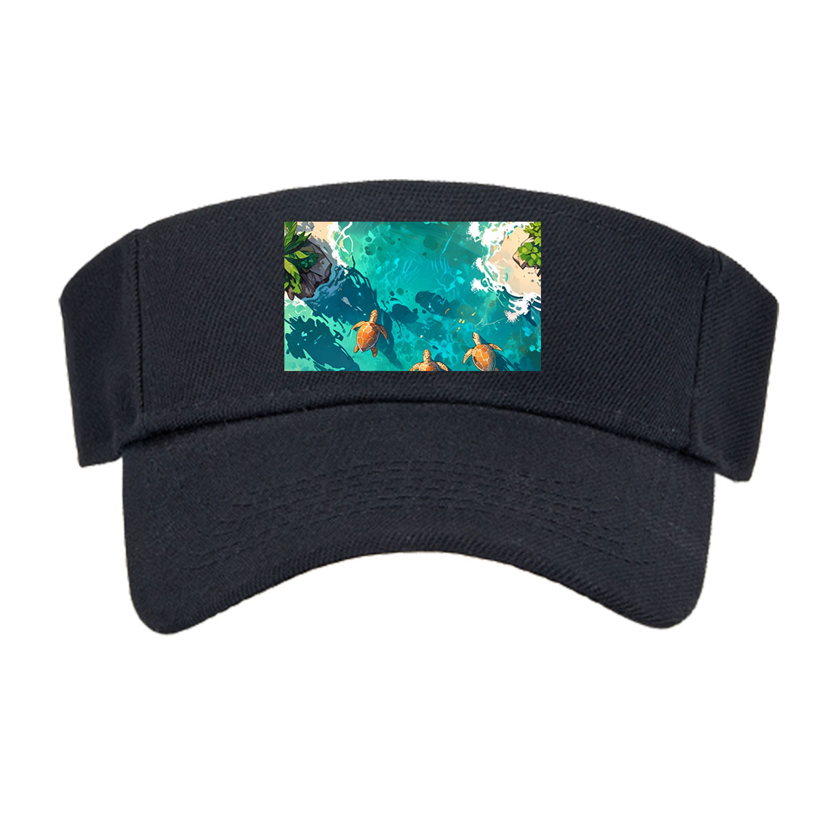 Turtles swimming in crystal-clear tropical waters near sandy shores and palm trees. -  Visor cap
