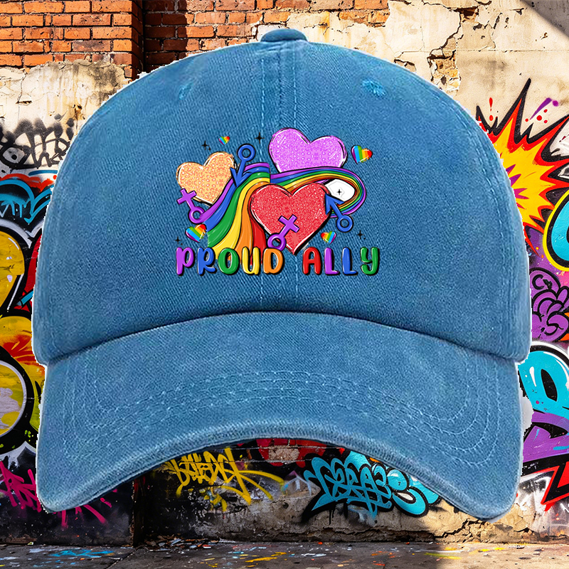 Men's Printed Washed Cap with Rainbow Hearts and 