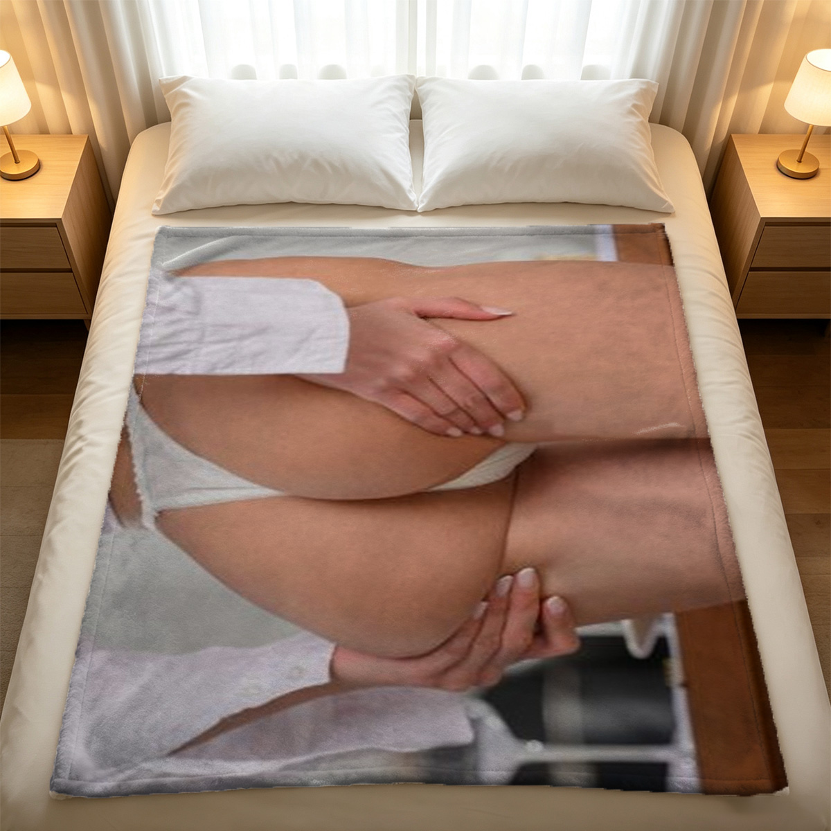 Blonde Woman in Open Green Blazer and White Shirt Reading Cosmopolitan Magazine - Blanket