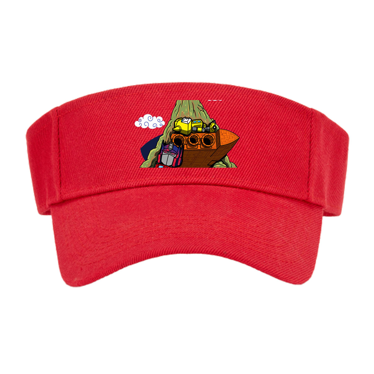 Optimus Prime and Bumblebee atop a mountain with a spaceship, cartoon style -  Visor cap