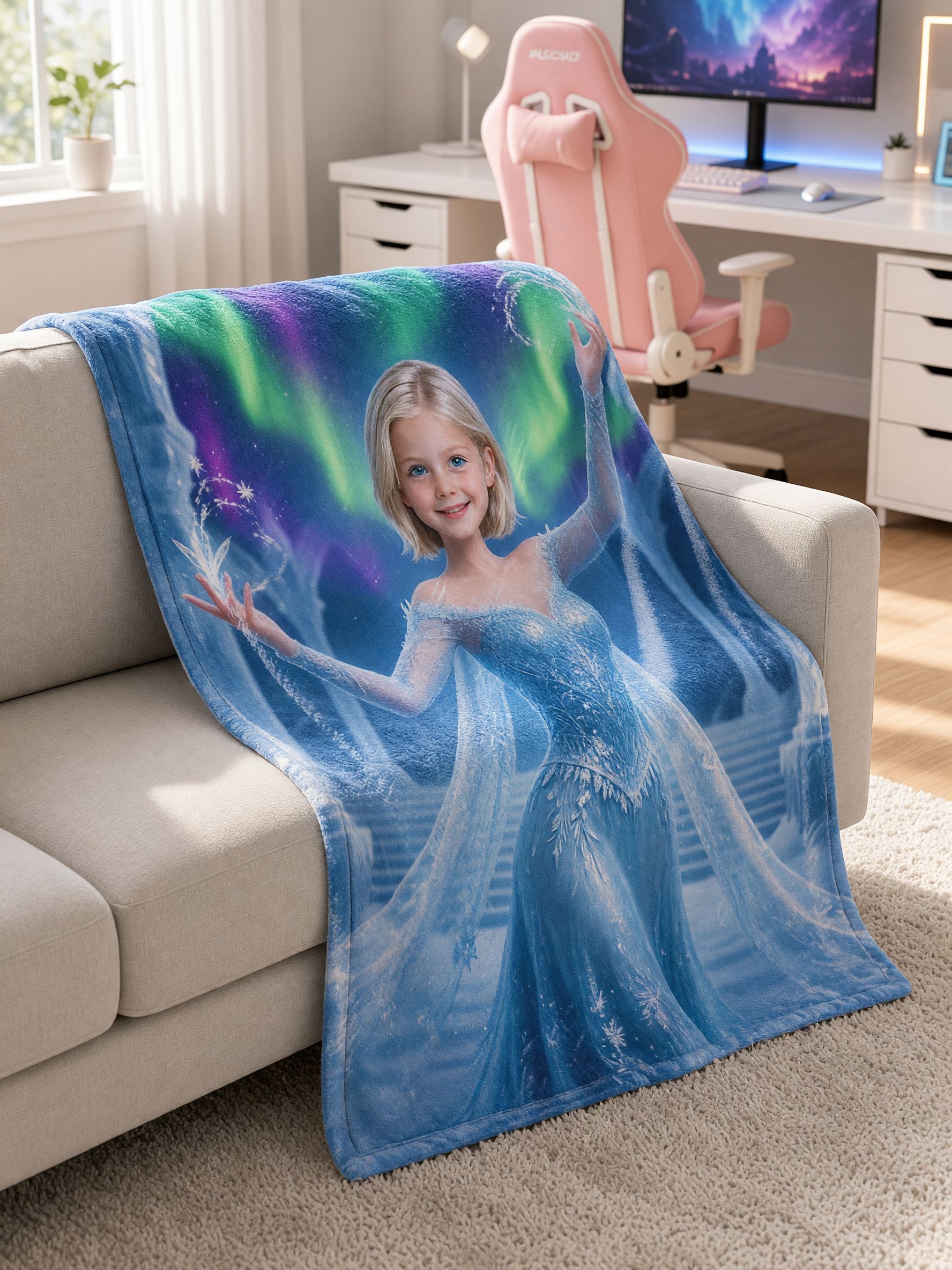 Custom Face Blanket Ice Princess Flannel Throw, Ultra Soft Velvety Warm Fleece Bed Wrap, Ideal Personalized Gift