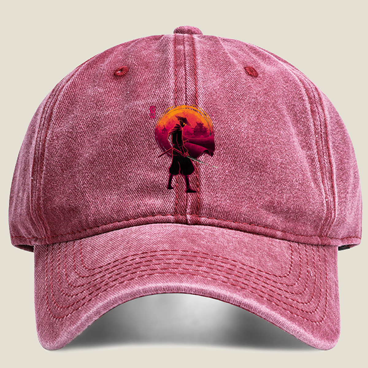 Samurai Warrior with Bloodied Sword Against Crimson Moon - Hat