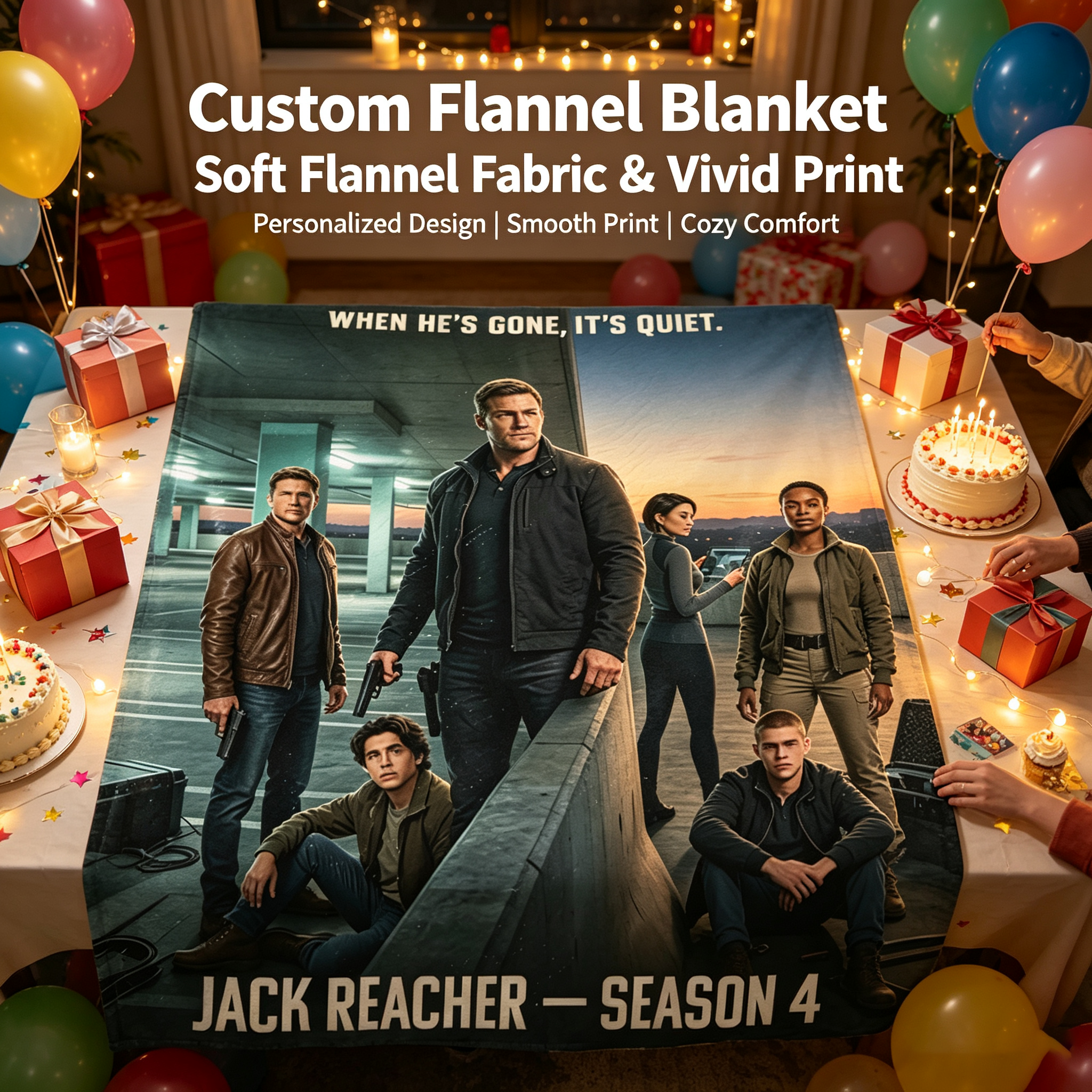 Custom Face Blanket Jack Reacher Season 4 Flannel Blanket for Couch, Bed, or Travel – Perfect Gift for Fans of the Action Thriller Series