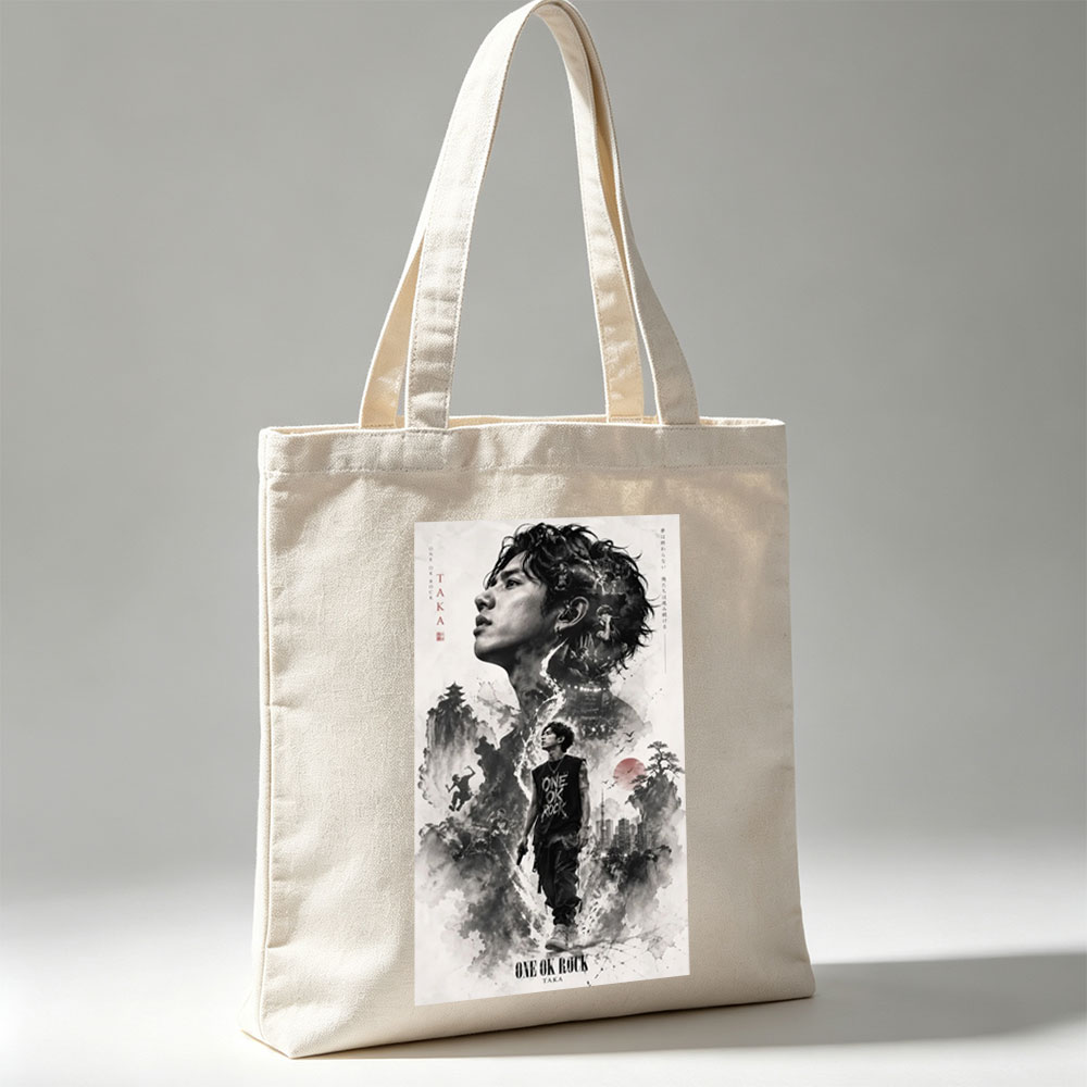 ONE OK ROCK TAKA in a Dramatic Monochrome Portrait with Traditional Japanese Landscape and Urban Elements - Canvas tote bags