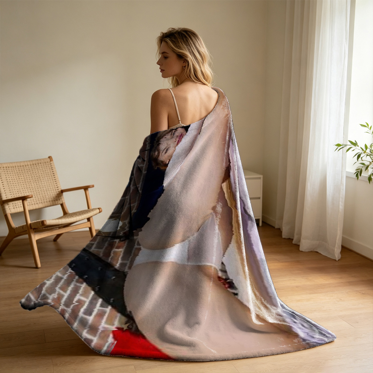 Kate Moss nude in pink thigh-high boots playing with blue yarn on floor. - Blanket