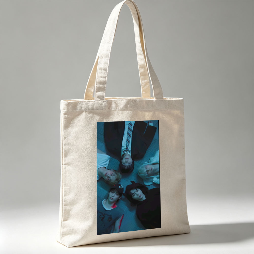TXT Members Lying in a Circle on the Floor in Moody Blue Lighting - Canvas tote bags