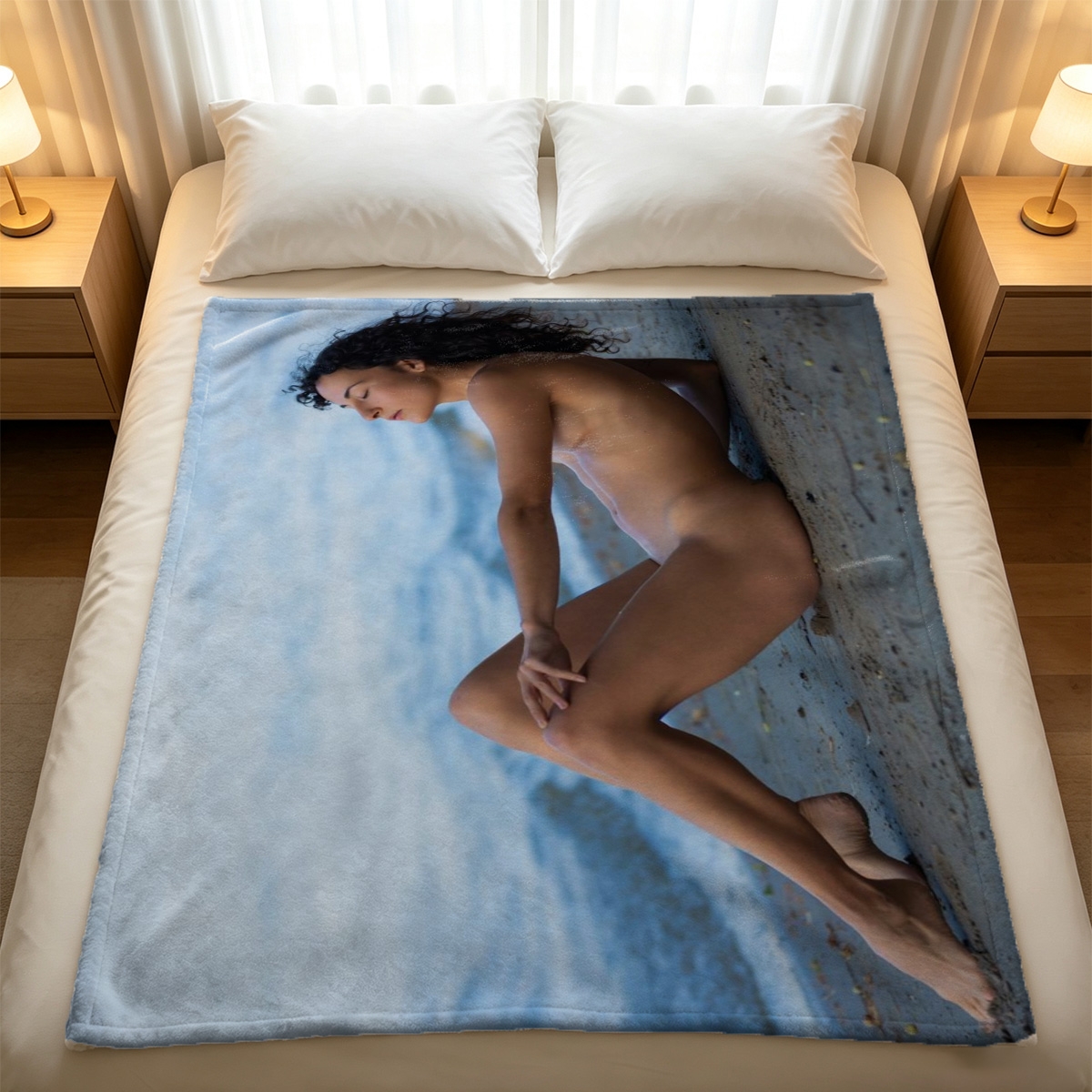 Red Bandeau Top and White Thong, Barefoot on Table - Blanket